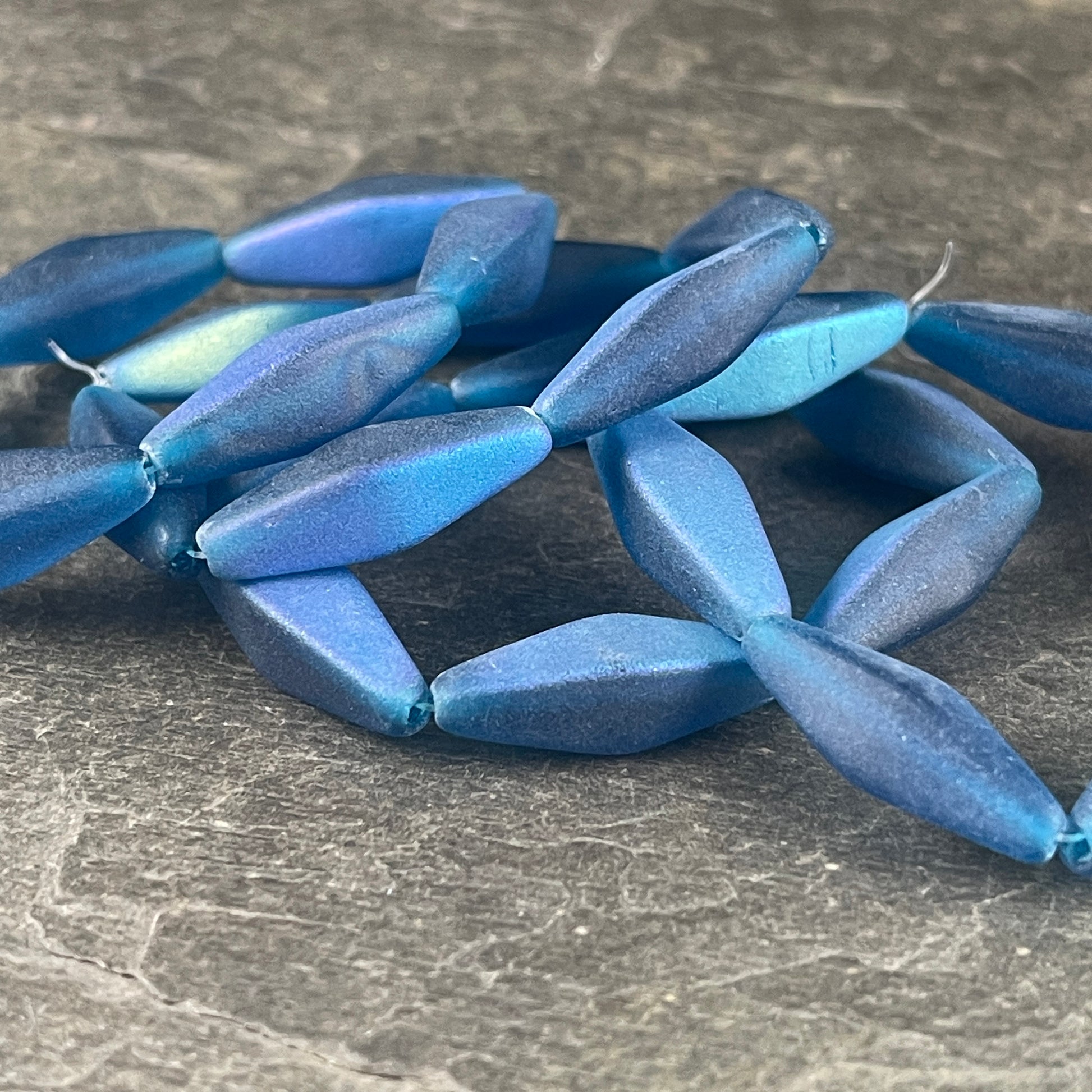 Matte Pacific Blue 20x9mm Rhombus Beads ~ Elongated Czech Glass Spindle Beads with AB Finish (RHO/1885) * Qty. 6 Beads