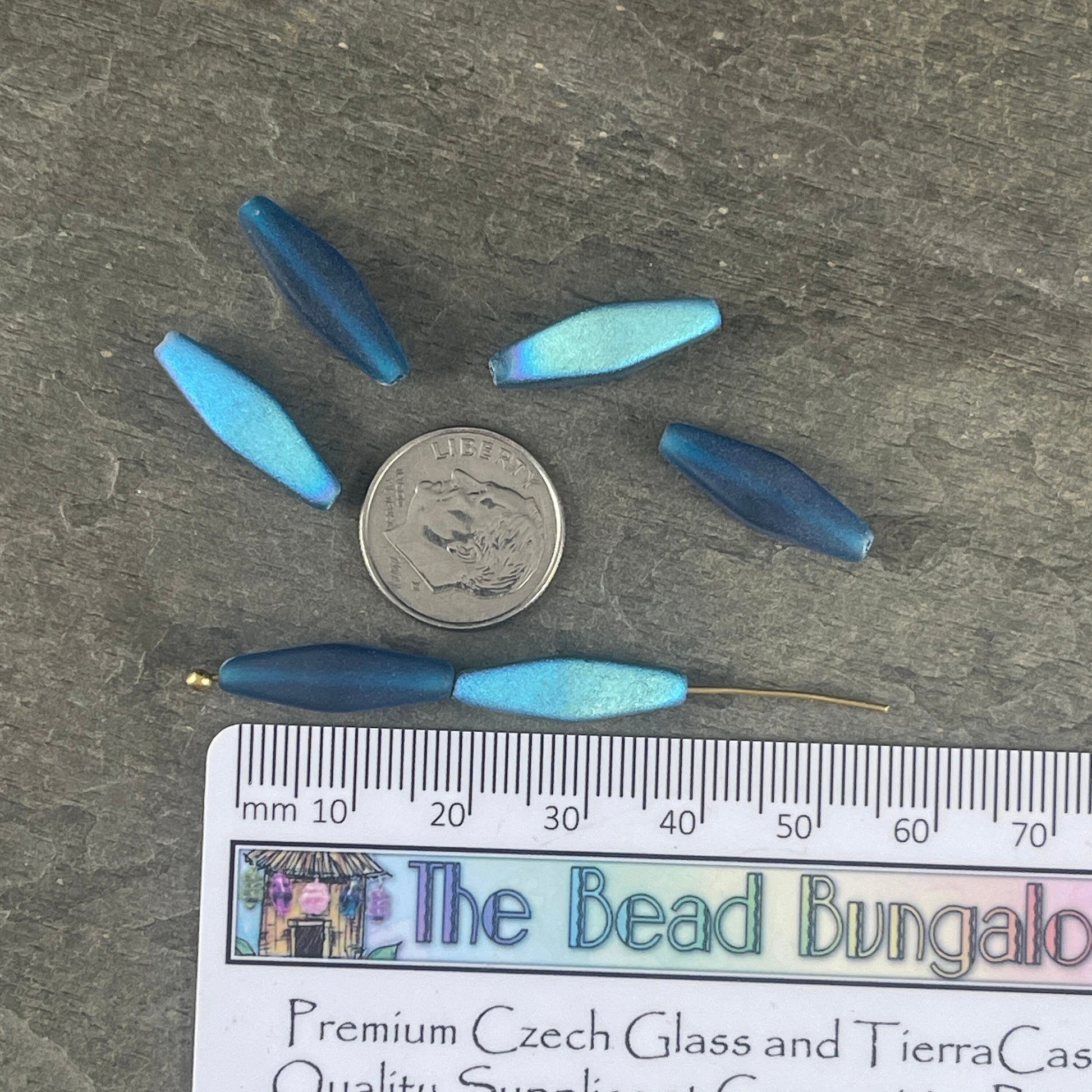 Matte Pacific Blue 20x9mm Rhombus Beads ~ Elongated Czech Glass Spindle Beads with AB Finish (RHO/1885) * Qty. 6 Beads