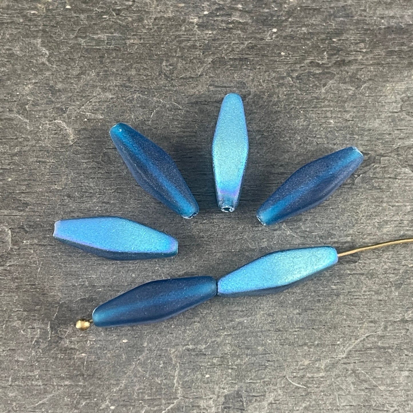 Matte Pacific Blue 20x9mm Rhombus Beads ~ Elongated Czech Glass Spindle Beads with AB Finish (RHO/1885) * Qty. 6 Beads