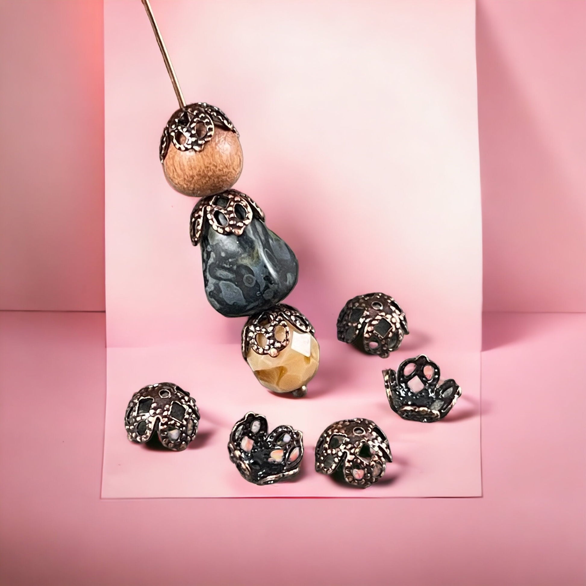 8mm Antiqued Copper Victorian Style Filigree Bead Caps, Bendable Antiqued Copper Plated Brass (VJS/C105C) * Qty. 10