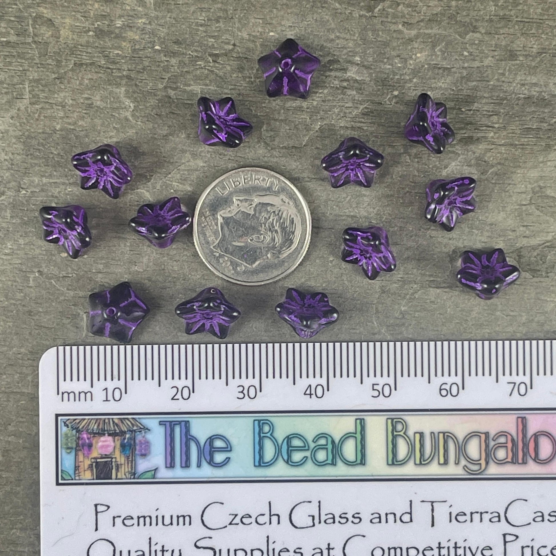 Czech Glass Beads - 6x9mm Bell Flower, Dark Purple with Lavender Wash (BF/N-0841) * Qty. 25