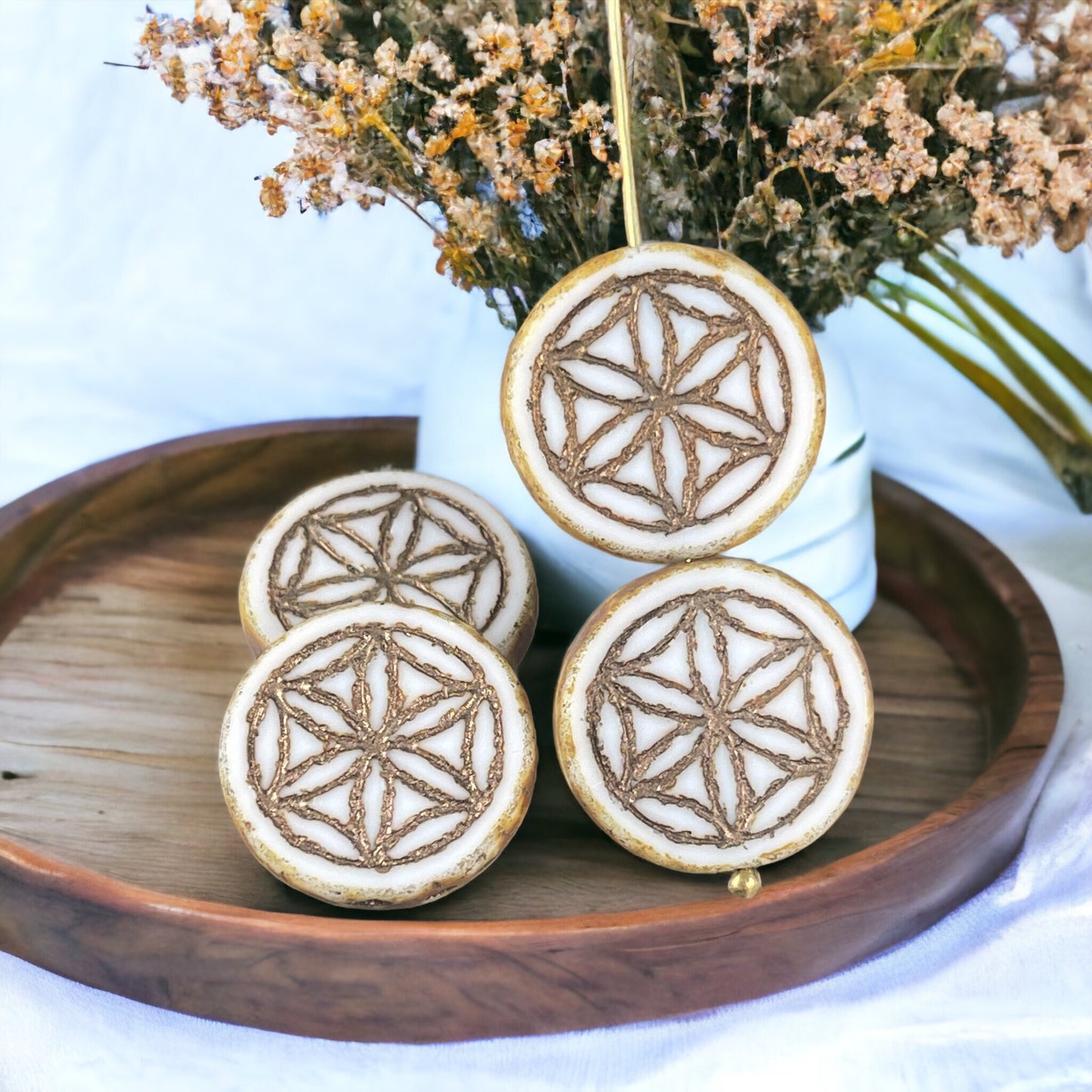 White Coin Czech Glass Beads ~ 18mm Picasso Bead with Flower of Life Symbol ~ Ivory White Table Cut Glass Beads (N-1555) * Qty. 2