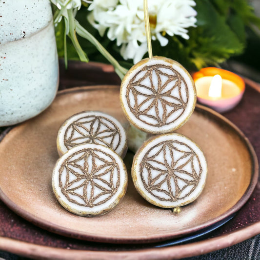 White Coin Czech Glass Beads ~ 18mm Picasso Bead with Flower of Life Symbol ~ Ivory White Table Cut Glass Beads (N-1555) * Qty. 2