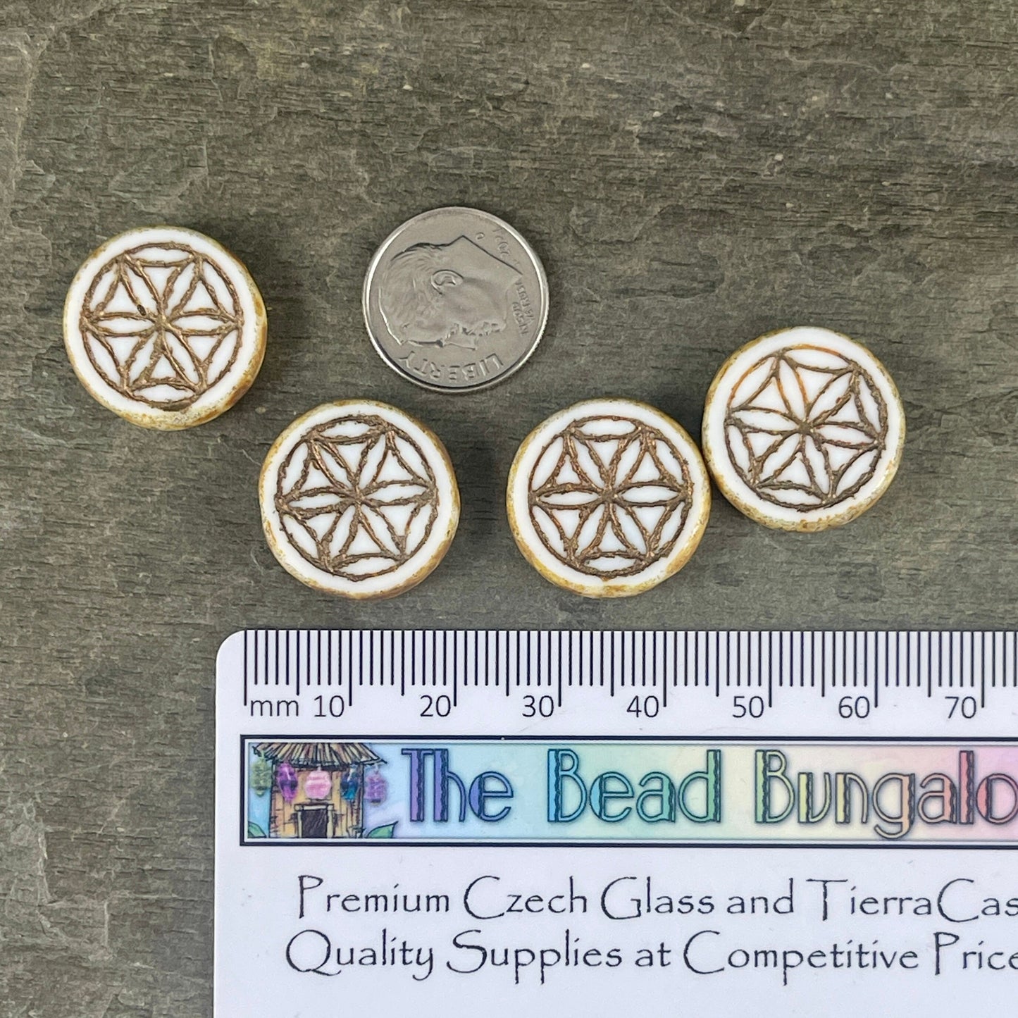 White Coin Czech Glass Beads ~ 18mm Picasso Bead with Flower of Life Symbol ~ Ivory White Table Cut Glass Beads (N-1555) * Qty. 2