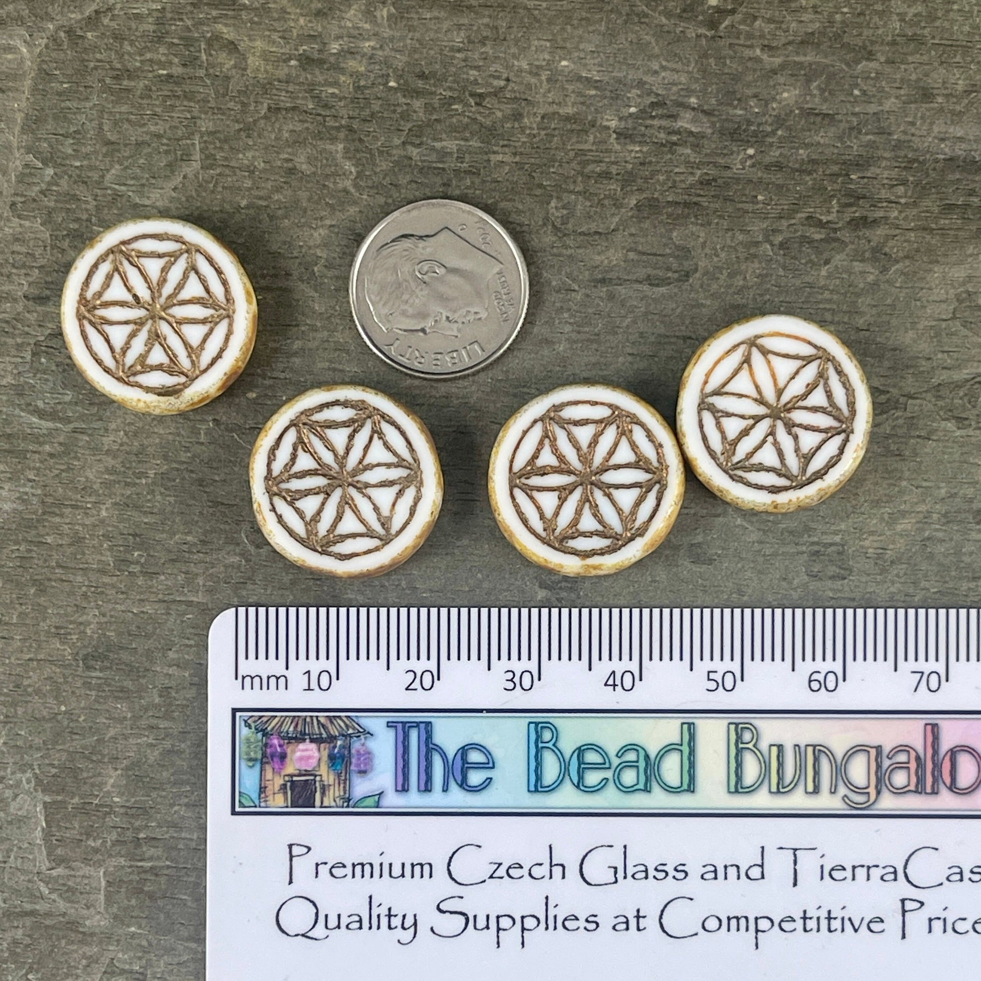 White Coin Czech Glass Beads ~ 18mm Picasso Bead with Flower of Life Symbol ~ Ivory White Table Cut Glass Beads (N-1555) * Qty. 2