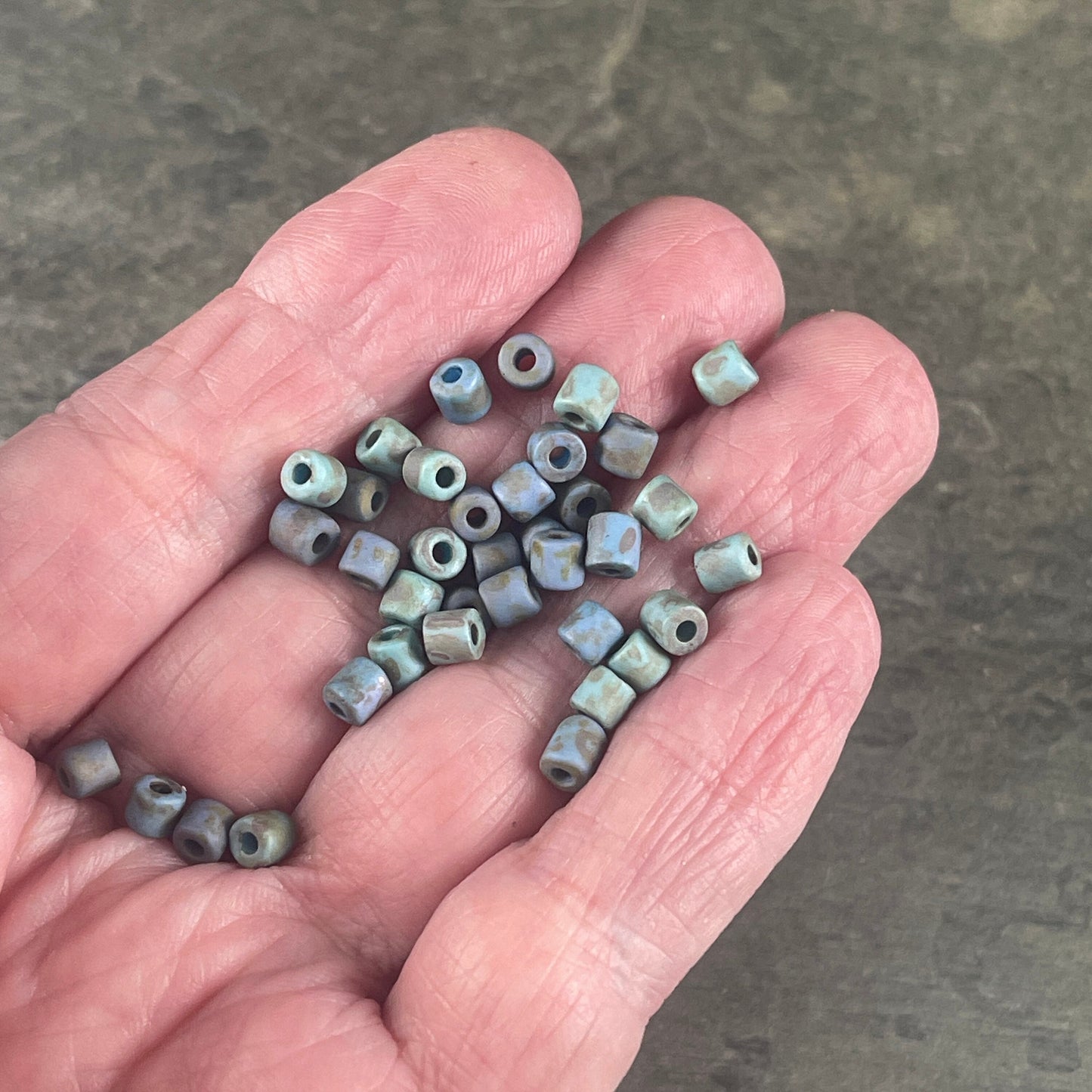 Aged Picasso Seed Beads - 4mm Tube Shape Beads, Rustic Matte Turquoise Alabaster Short Tubes (6/0T-22323M) * 10" strand