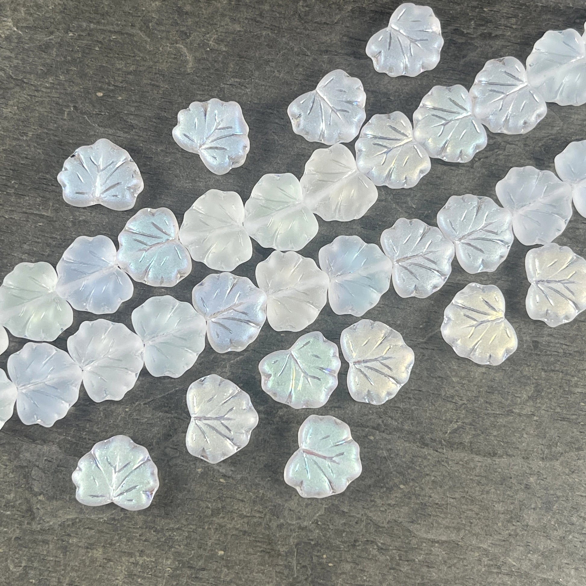 Czech Glass Leaf Beads - 10x13mm Frosty White Maple Leaf with AB Finish (ML45) * Qty. 10