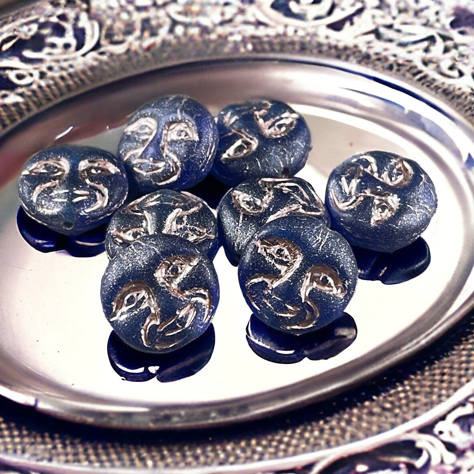 Czech Glass Beads - Dark Blue Man in the Moon, Moon Face Beads, Matte Cobalt Glass with Platinum Wash (MOON/RJ-4749) * Qty. 8