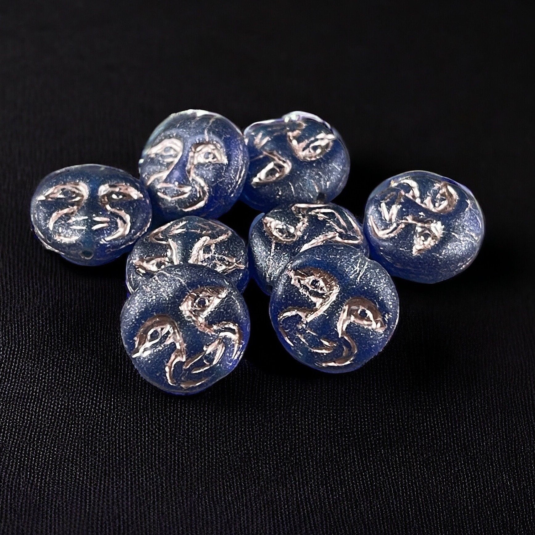 Czech Glass Beads - Dark Blue Man in the Moon, Moon Face Beads, Matte Cobalt Glass with Platinum Wash (MOON/RJ-4749) * Qty. 8
