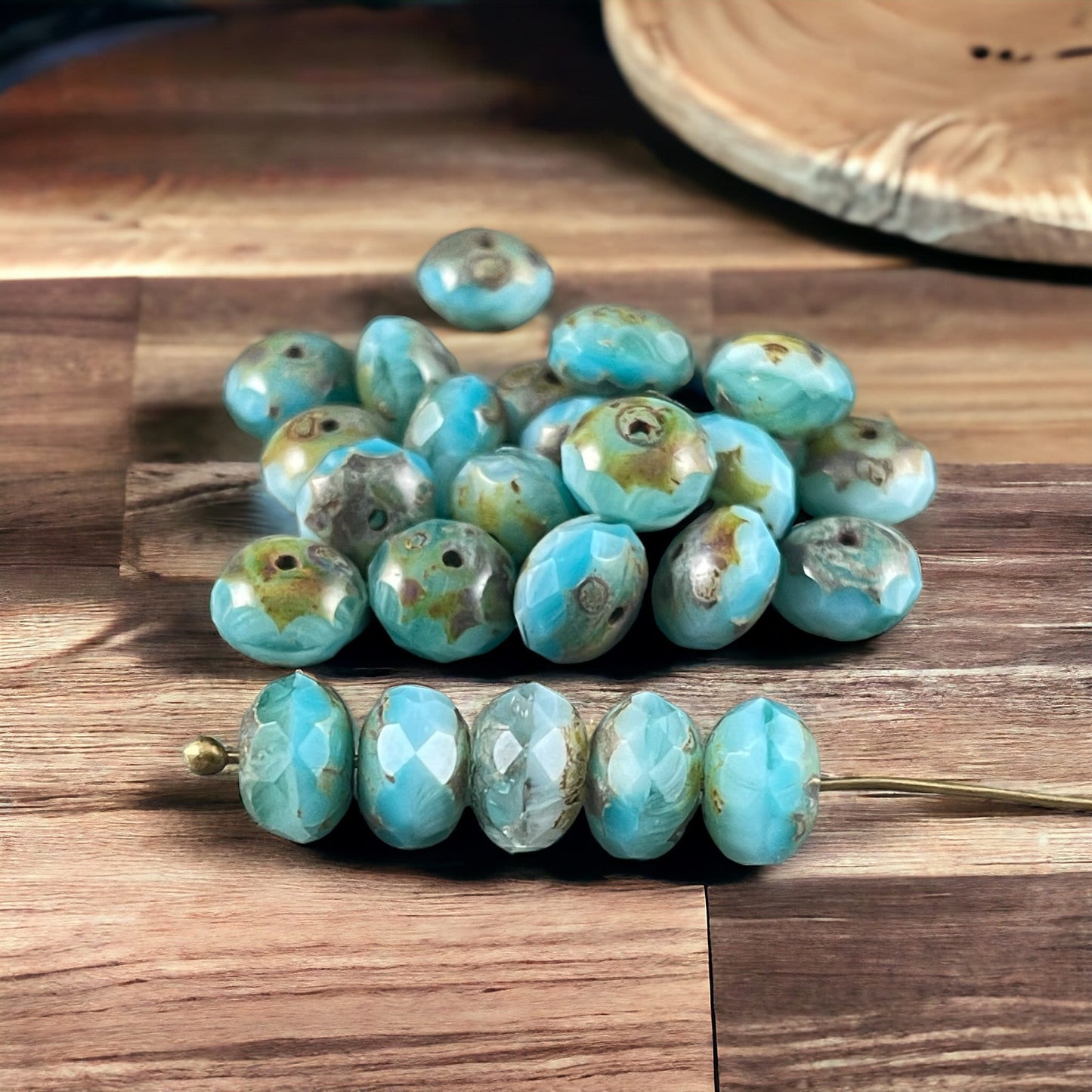 Czech Glass Beads - Light Blue and White Faceted Rondelles, 8x6mm Larimar Blue Vaseline Rondelle with Rustic Picasso (R8/RJ-2742) *