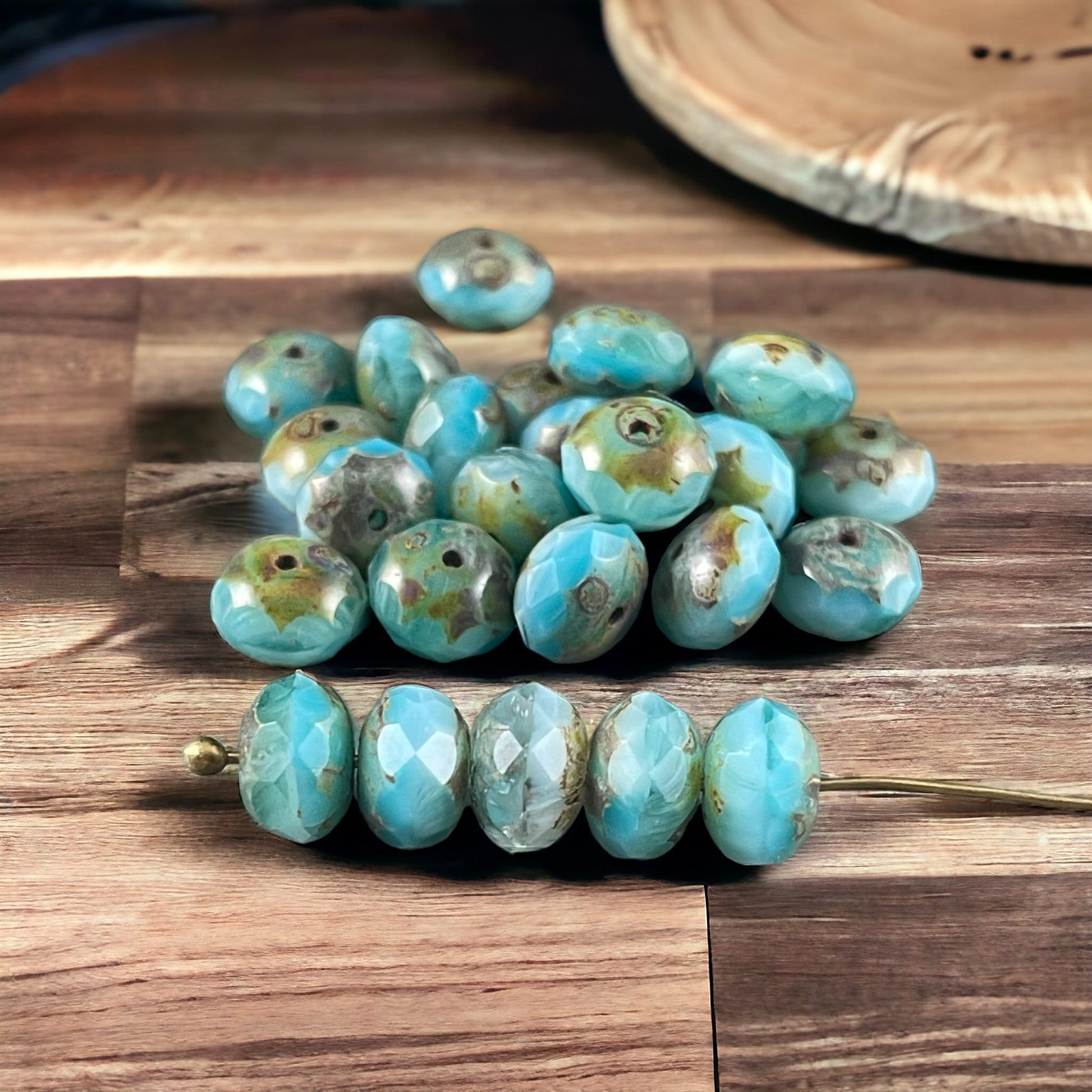 Czech Glass Beads - Light Blue and White Faceted Rondelles, 8x6mm Larimar Blue Vaseline Rondelle with Rustic Picasso (R8/RJ-2742) *