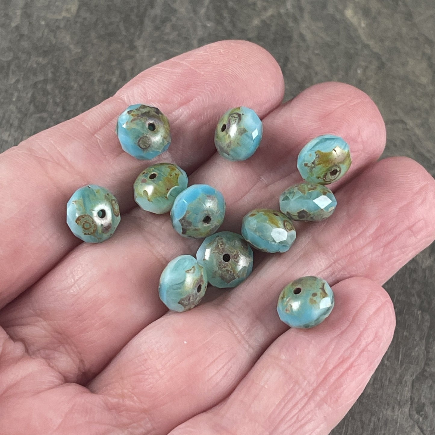 Czech Glass Beads - Light Blue and White Faceted Rondelles, 8x6mm Larimar Blue Vaseline Rondelle with Rustic Picasso (R8/RJ-2742) *