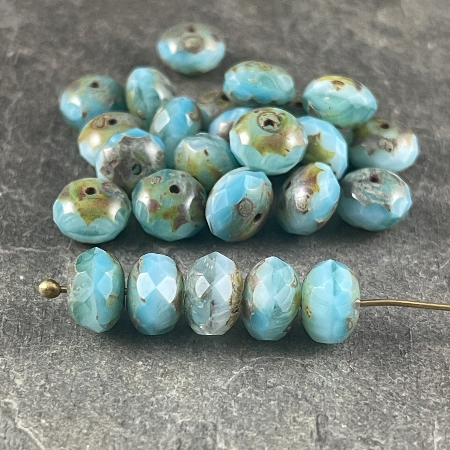 Czech Glass Beads - Light Blue and White Faceted Rondelles, 8x6mm Larimar Blue Vaseline Rondelle with Rustic Picasso (R8/RJ-2742) *