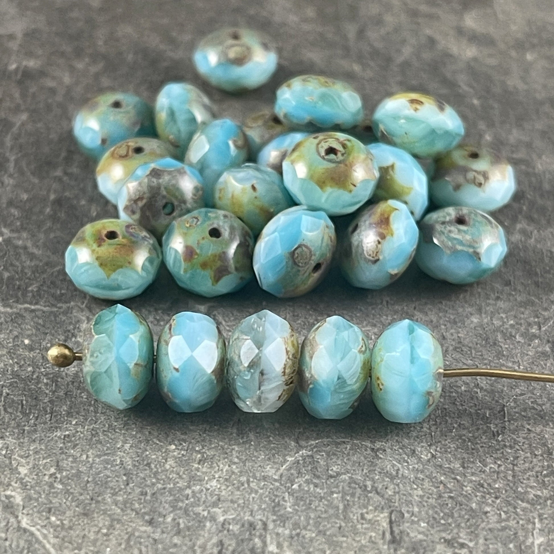 Czech Glass Beads - Light Blue and White Faceted Rondelles, 8x6mm Larimar Blue Vaseline Rondelle with Rustic Picasso (R8/RJ-2742) *
