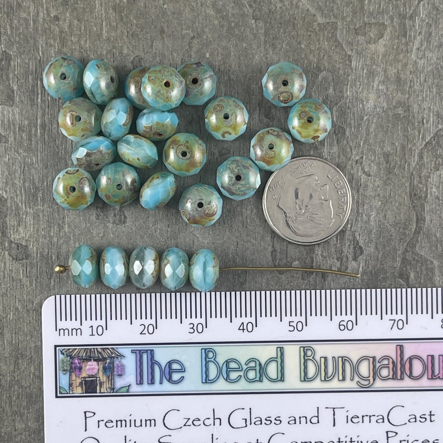 Czech Glass Beads - Light Blue and White Faceted Rondelles, 8x6mm Larimar Blue Vaseline Rondelle with Rustic Picasso (R8/RJ-2742) *