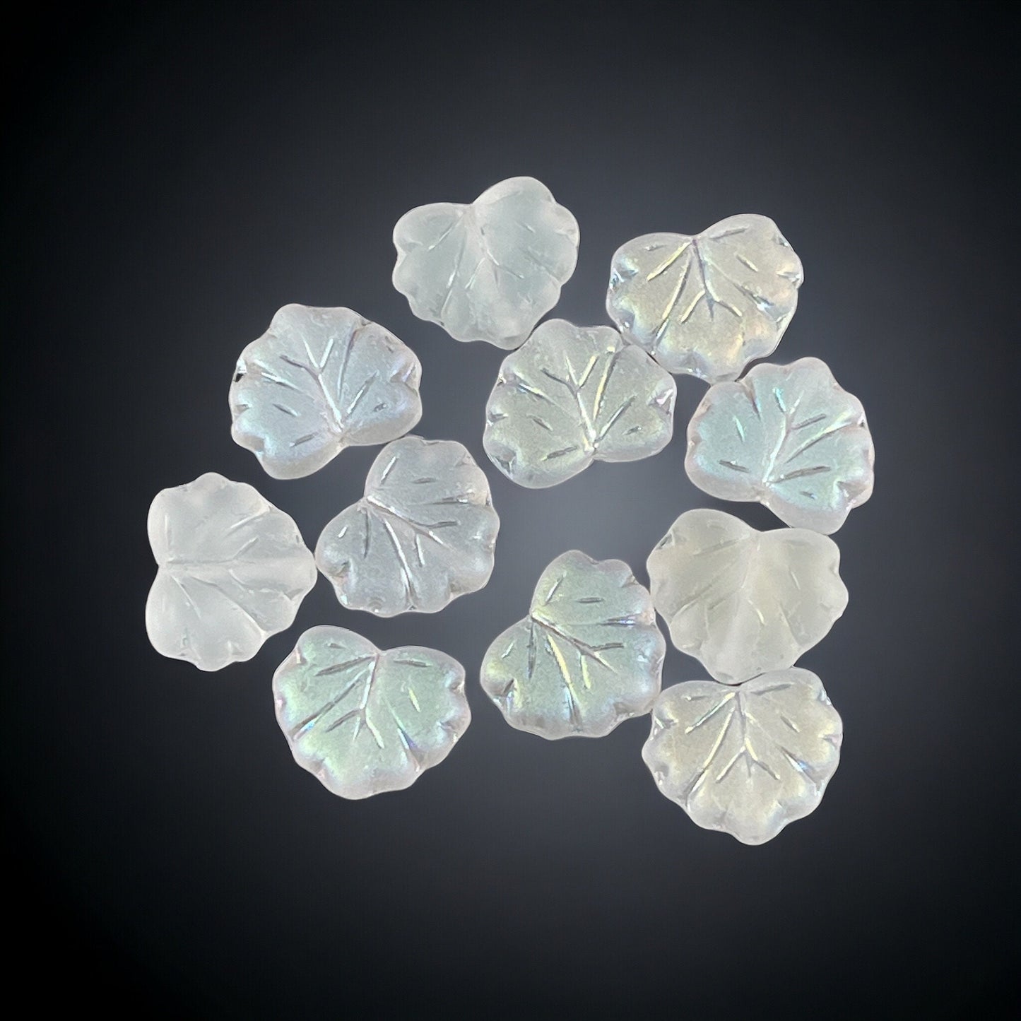 Czech Glass Leaf Beads - 10x13mm Frosty White Maple Leaf with AB Finish (ML45) * Qty. 12