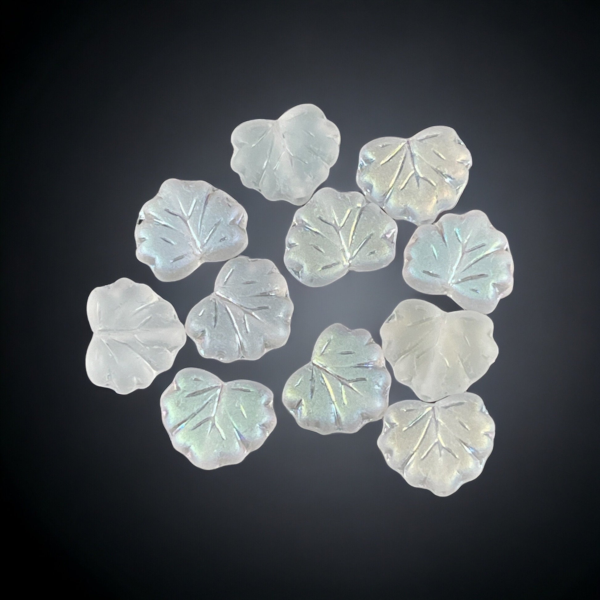 Czech Glass Leaf Beads - 10x13mm Frosty White Maple Leaf with AB Finish (ML45) * Qty. 12
