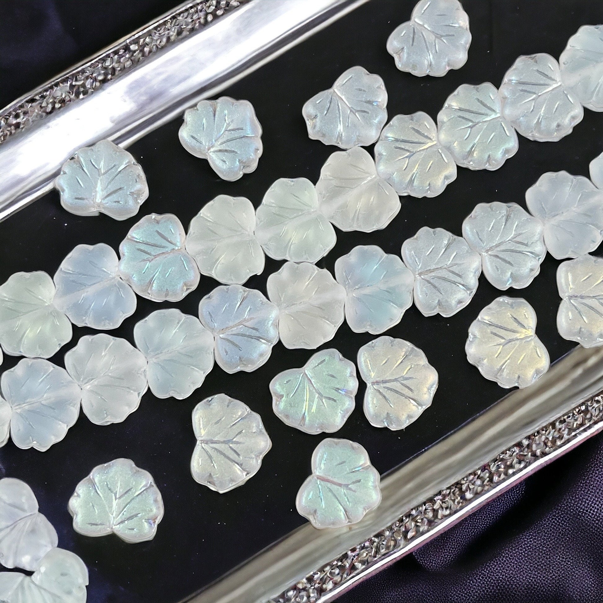 Czech Glass Leaf Beads - 10x13mm Frosty White Maple Leaf with AB Finish (ML45) * Qty. 12