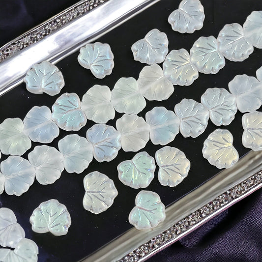 Czech Glass Leaf Beads - 10x13mm Frosty White Maple Leaf with AB Finish (ML45) * Qty. 12