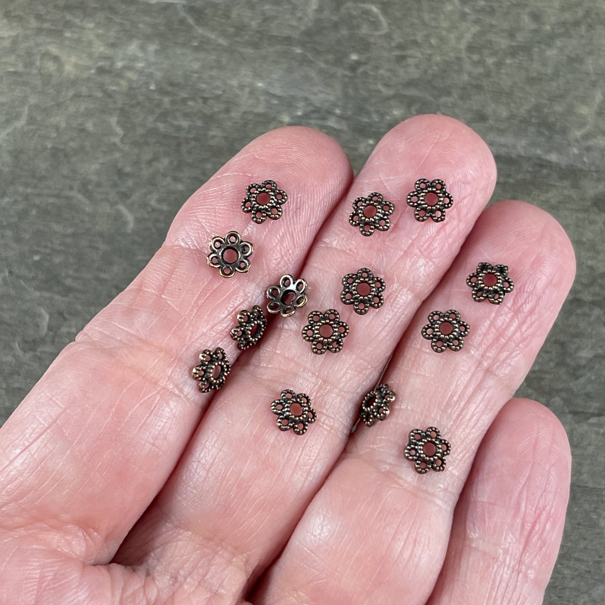 Antiqued Copper Bead Caps ~ 6mm Filigree Flower Petals, Delicate and Dainty Small Bead Caps (S221-R-NF) * Qty. 100
