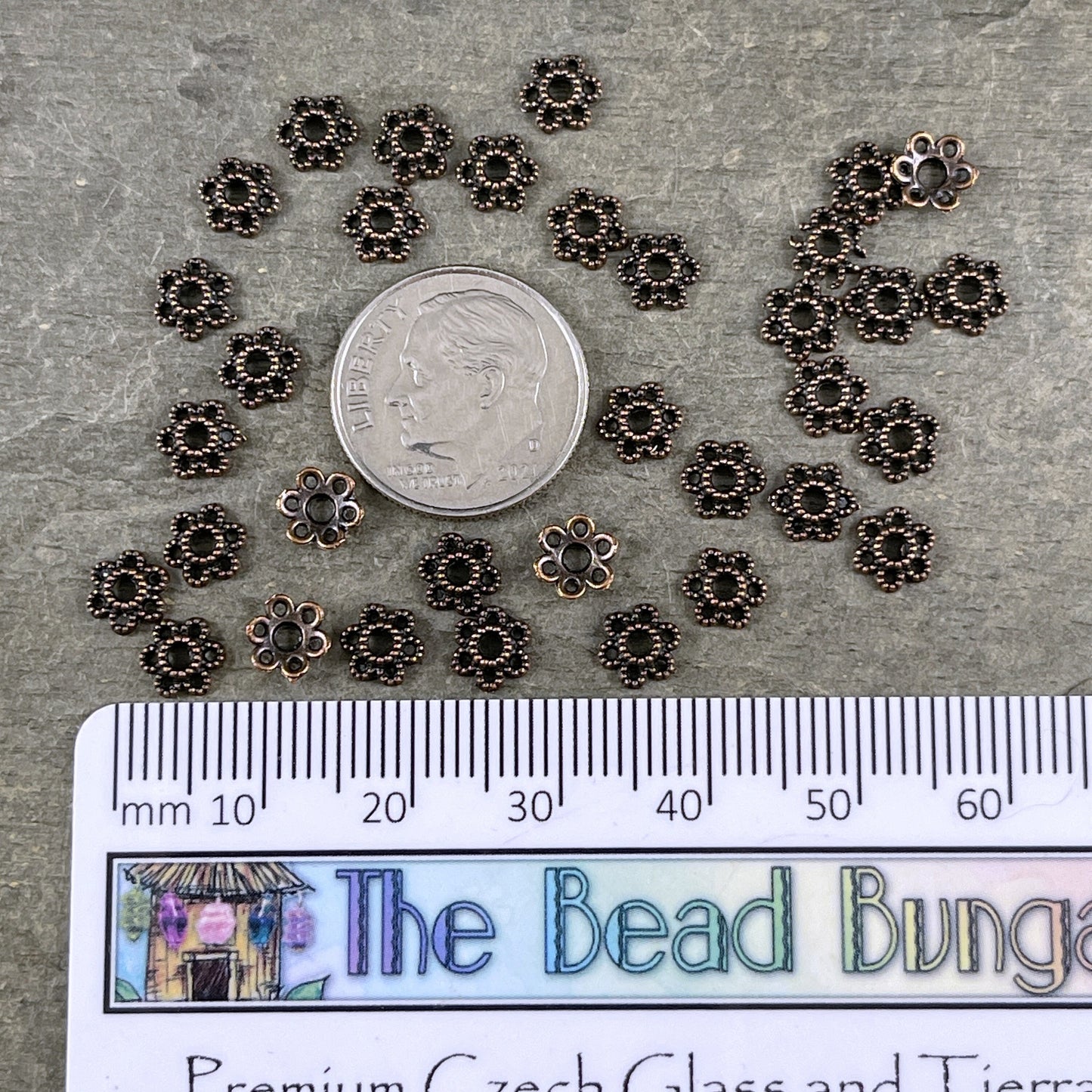 Antiqued Copper Bead Caps ~ 6mm Filigree Flower Petals, Delicate and Dainty Small Bead Caps (S221-R-NF) * Qty. 100