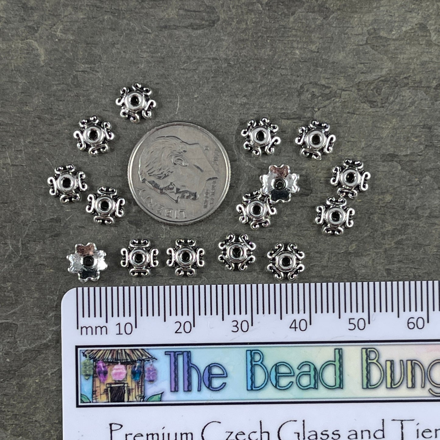 Antiqued Silver Bead Caps ~ Tibetan Style 7mm Ornate Bead Caps, Squarish Bead Caps(S039-054AS) * Qty. 100