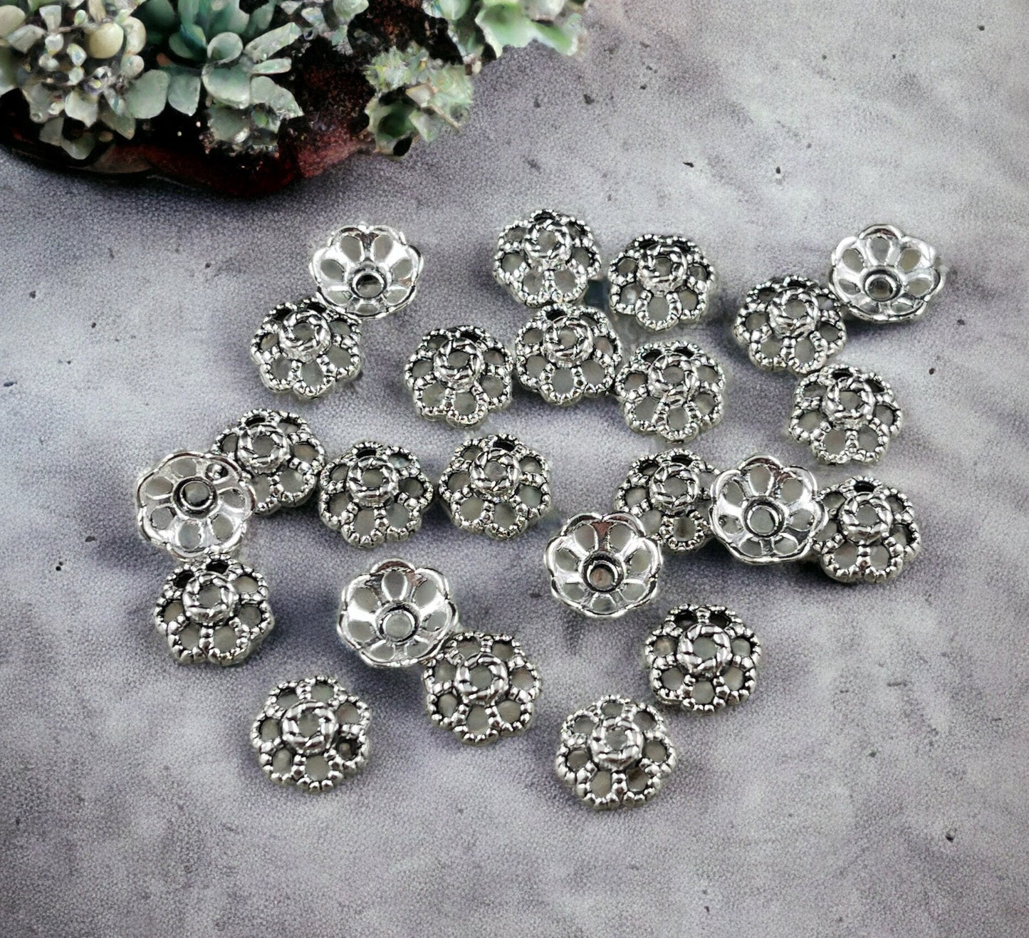 Antiqued Silver Bead Caps ~ Filigree Flower Petals, 9mm Domed Nickel Free Bead Caps (LF0761Y-NF) * Qty. 100
