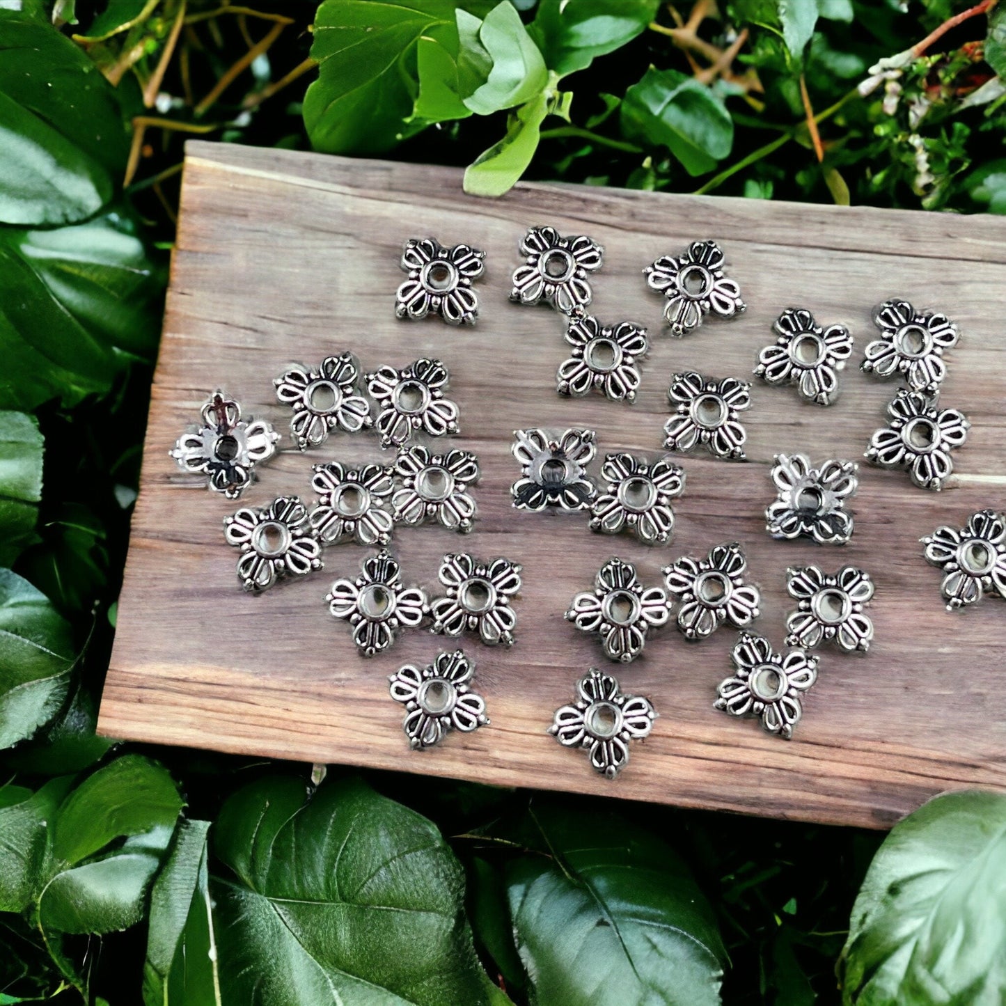 Antiqued Silver Bead Caps ~ Delicate 4-Petal Flower Bead Caps, Shallow 8mm Bead Caps (O004-35AS) * Qty. 100