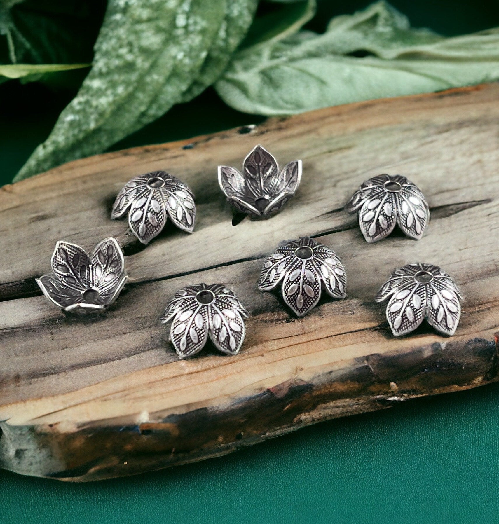 Silver Leaf Embossed Bead Caps, Oxidized Silver Plated Brass Bead Caps, 8mm Bead Caps, Silver Floral Bead Caps (VJS-R408) * Qty. 8
