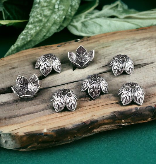 Silver Leaf Embossed Bead Caps, Oxidized Silver Plated Brass Bead Caps, 8mm Bead Caps, Silver Floral Bead Caps (VJS-R408) * Qty. 8