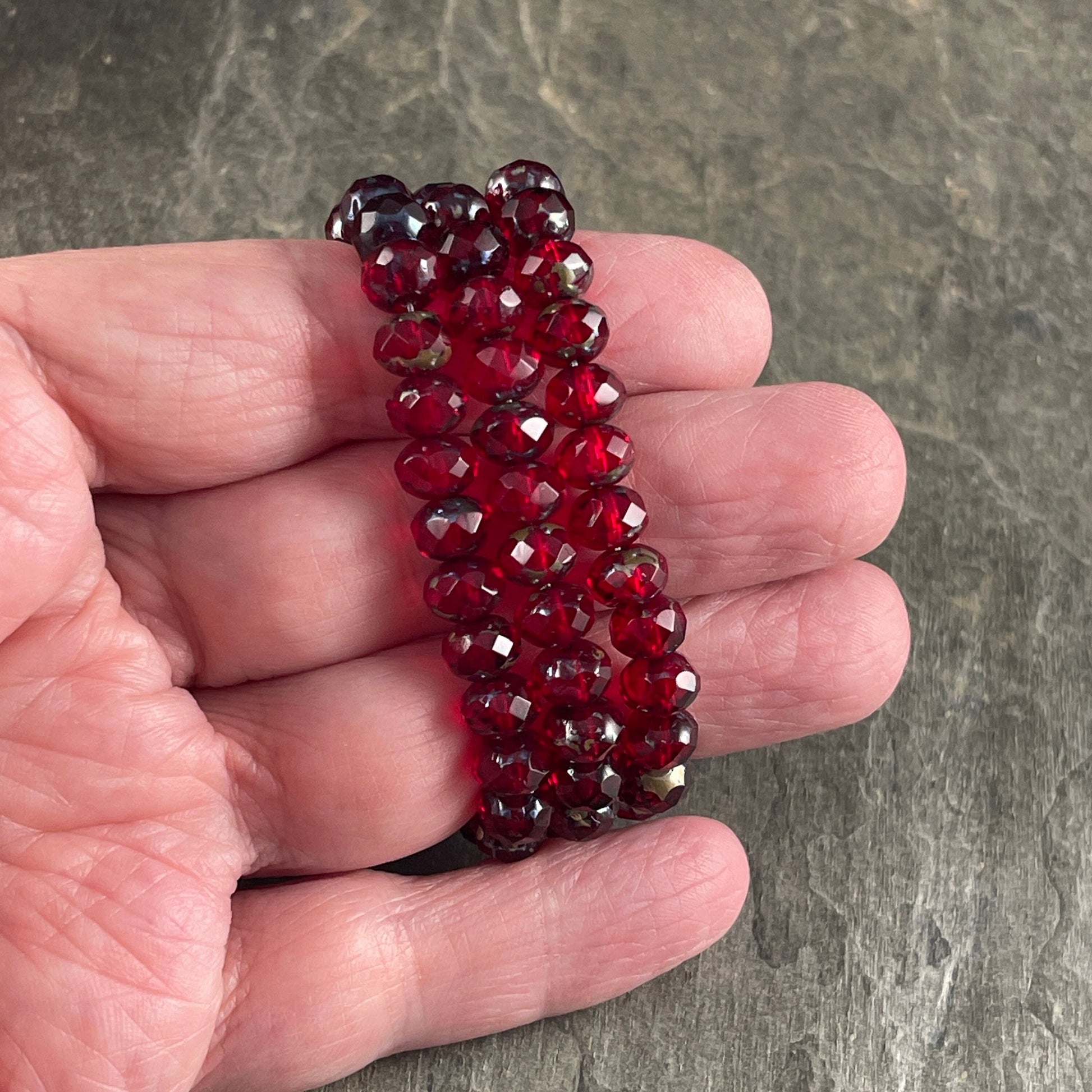 7x5mm Red Czech Glass Beads ~ Transparent Ruby Red Faceted Rondelles with Picasso Finish (R7/N-0720) * Qty. 25