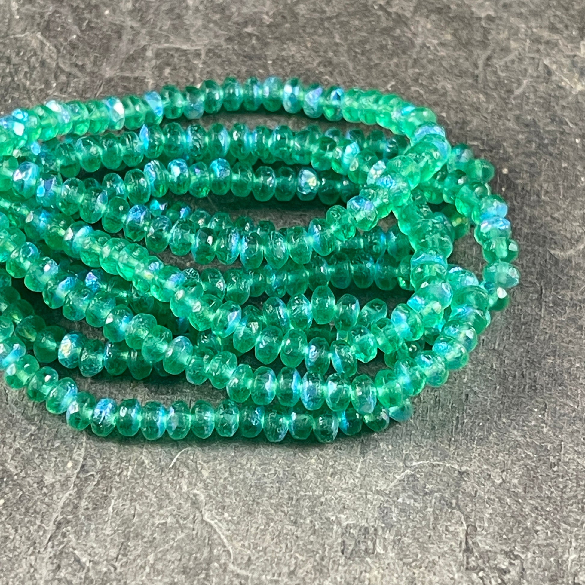 Czech Beads - 4x2.5mm Faceted Rondelles, Etched Green with AB Finish (RON3/N-1718) * 50 Beads