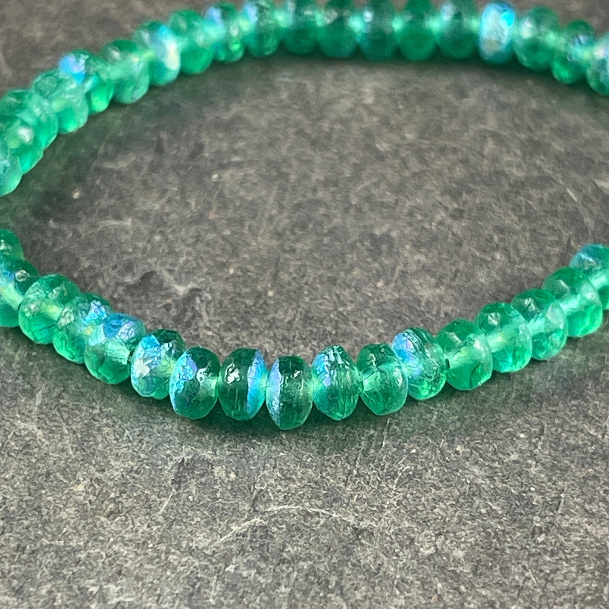 Czech Beads - 4x2.5mm Faceted Rondelles, Etched Green with AB Finish (RON3/N-1718) * 50 Beads