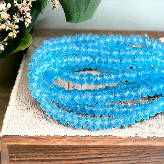 Faceted Baby Blue Czech Glass Rondelles ~ Etched Light Blue with AB Finish ~ 4x2.5mm Matte Blue Spacer Beads (RON3/N-0412) * Qty. 50
