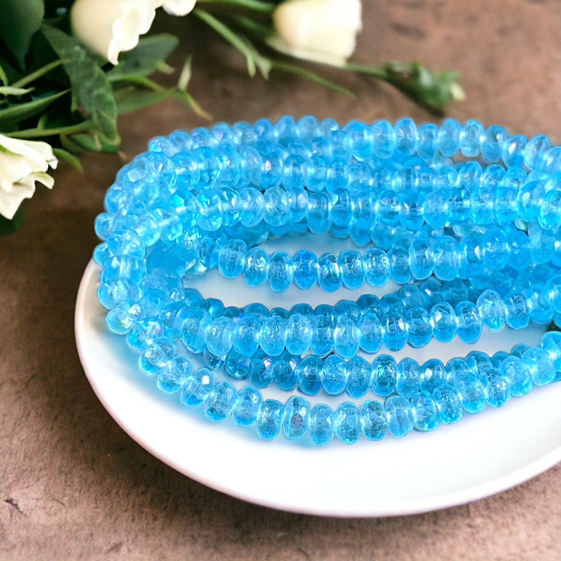 Czech Glass Beads - 4x2.5mm Faceted Rondelles, Etched Light Blue with AB Finish (RON3/N-0412) * Qty. 50
