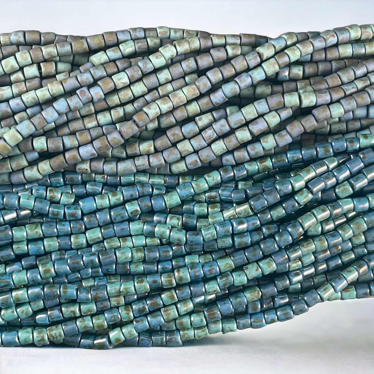 Aged Picasso Seed Beads - 4mm Tube Shape Beads, Rustic Matte Turquoise Alabaster Short Tubes (6/0T-22323M) * 10" strand