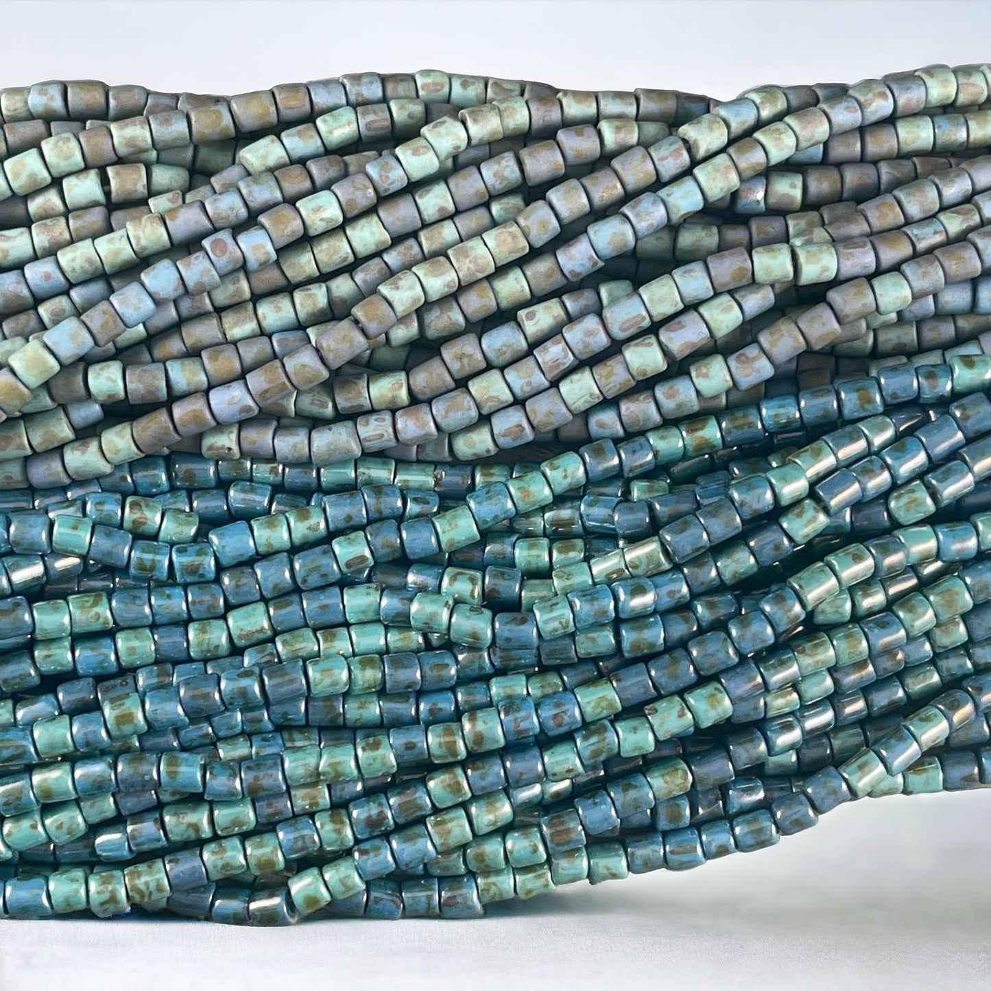 Aged Picasso Seed Beads - 4mm Tube Shape Beads, Rustic Matte Turquoise Alabaster Short Tubes (6/0T-22323M) * 10" strand