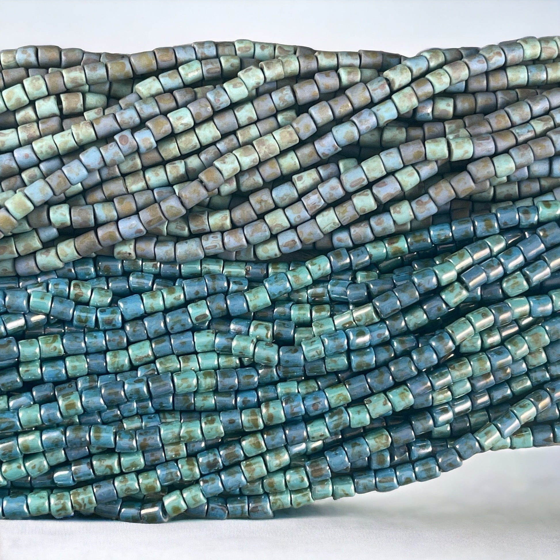 Aged Picasso Seed Beads - 4mm Tube Shape Beads, Rustic Matte Turquoise Alabaster Short Tubes (6/0T-22323M) * 10" strand