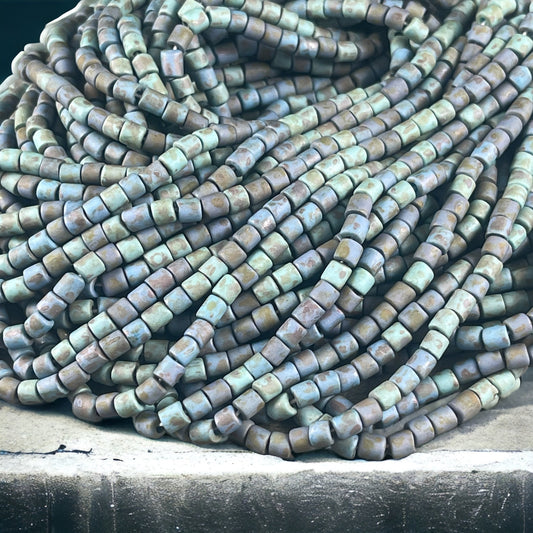 Aged Picasso Seed Beads - 4mm Tube Shape Beads, Rustic Matte Turquoise Alabaster Short Tubes (6/0T-22323M) * 10" strand