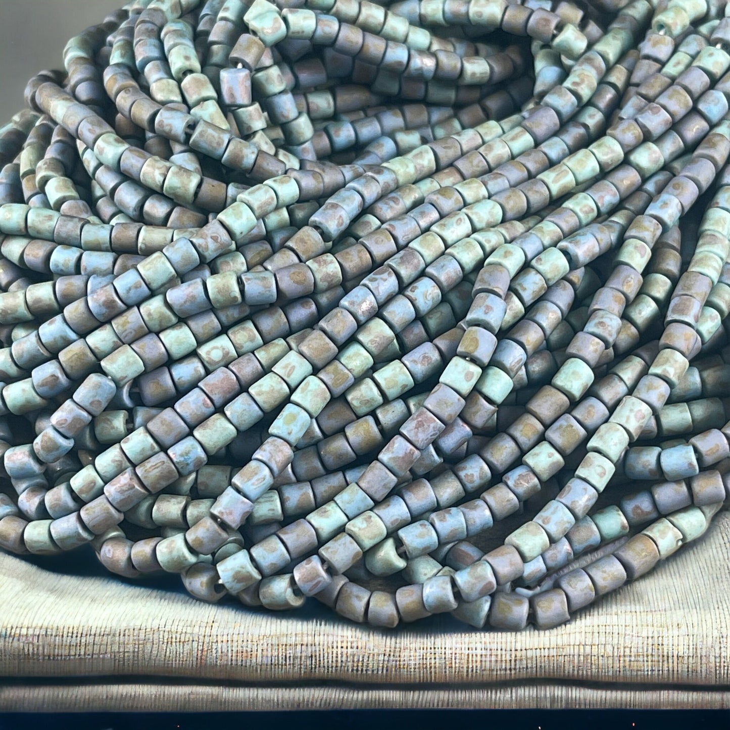 Aged Picasso Seed Beads - 4mm Tube Shape Beads, Rustic Matte Turquoise Alabaster Short Tubes (6/0T-22323M) * 10" strand