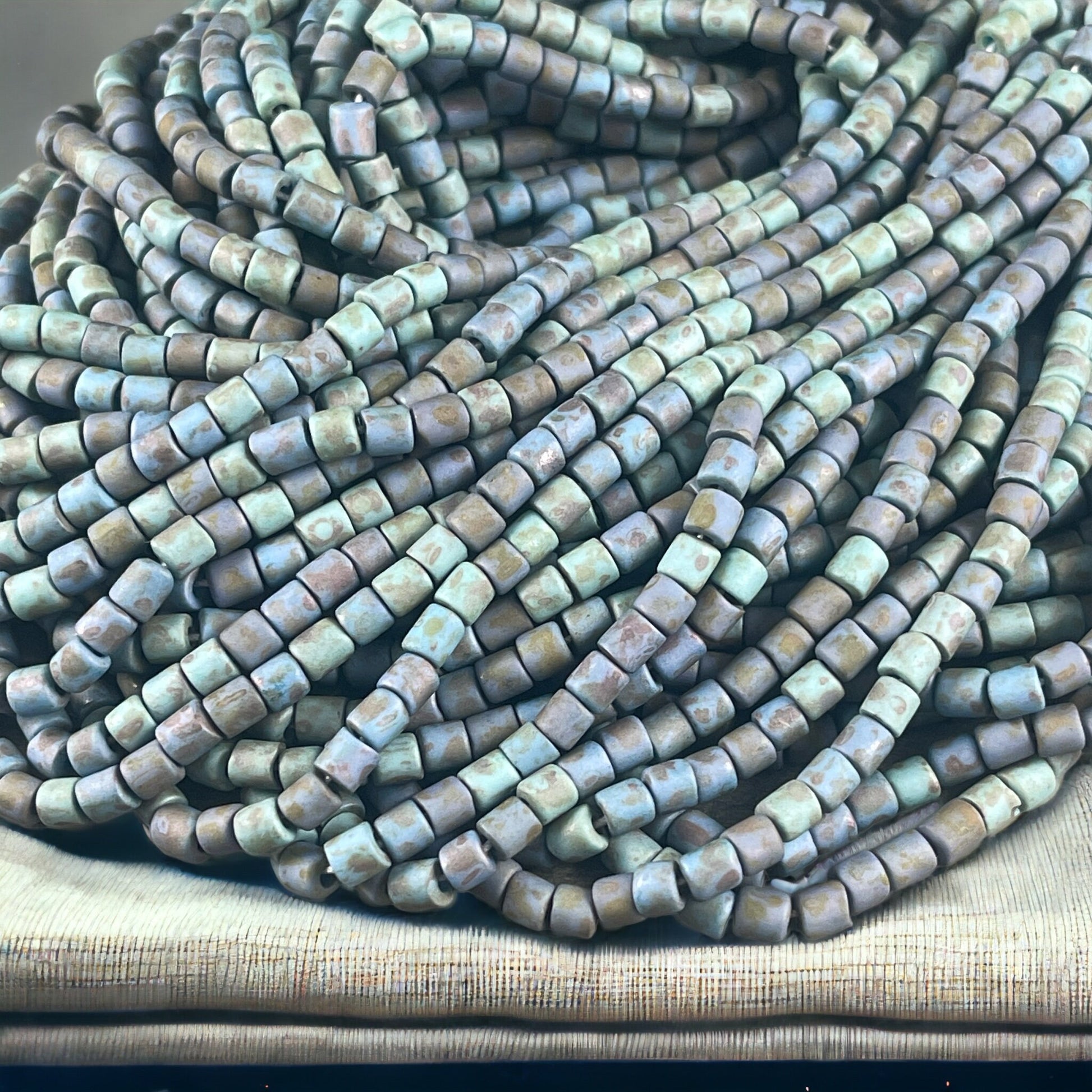 Aged Picasso Seed Beads - 4mm Tube Shape Beads, Rustic Matte Turquoise Alabaster Short Tubes (6/0T-22323M) * 10" strand