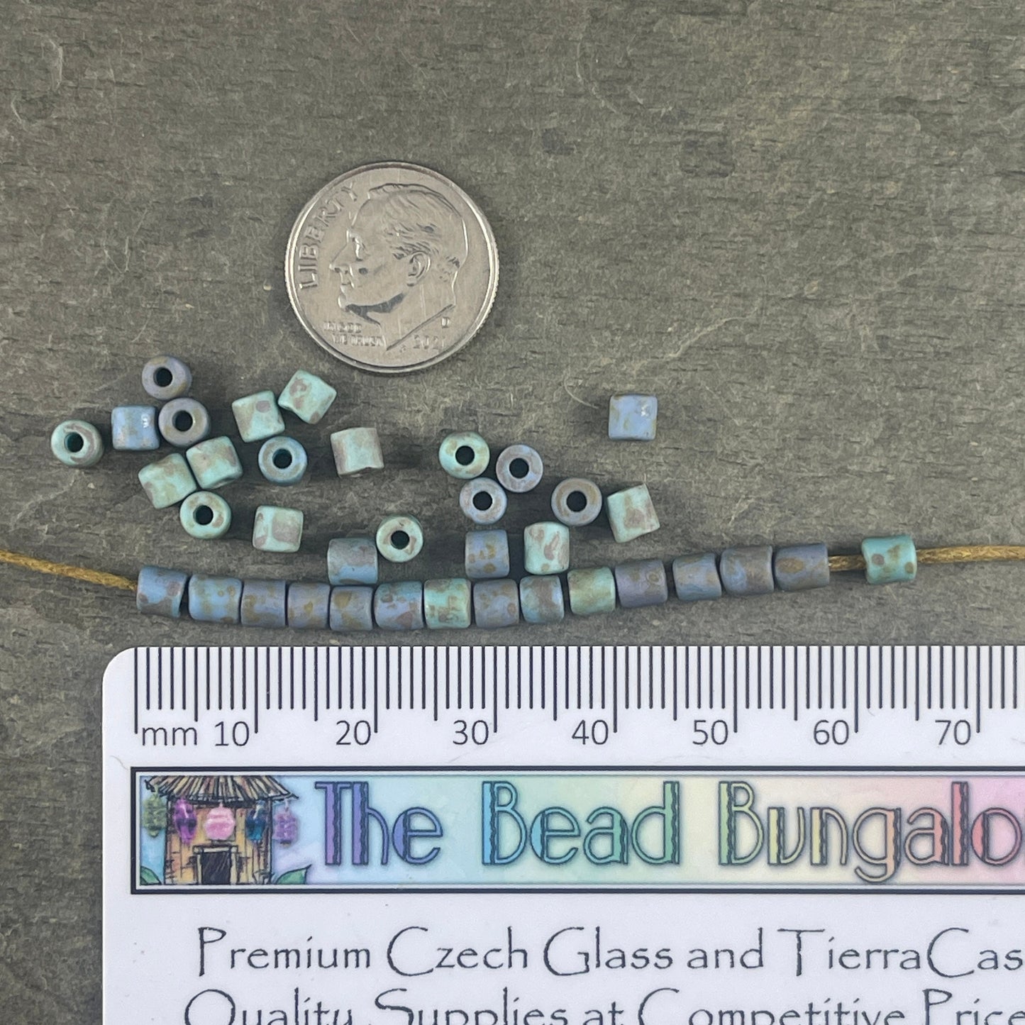 Aged Picasso Seed Beads - 4mm Tube Shape Beads, Rustic Matte Turquoise Alabaster Short Tubes (6/0T-22323M) * 10" strand