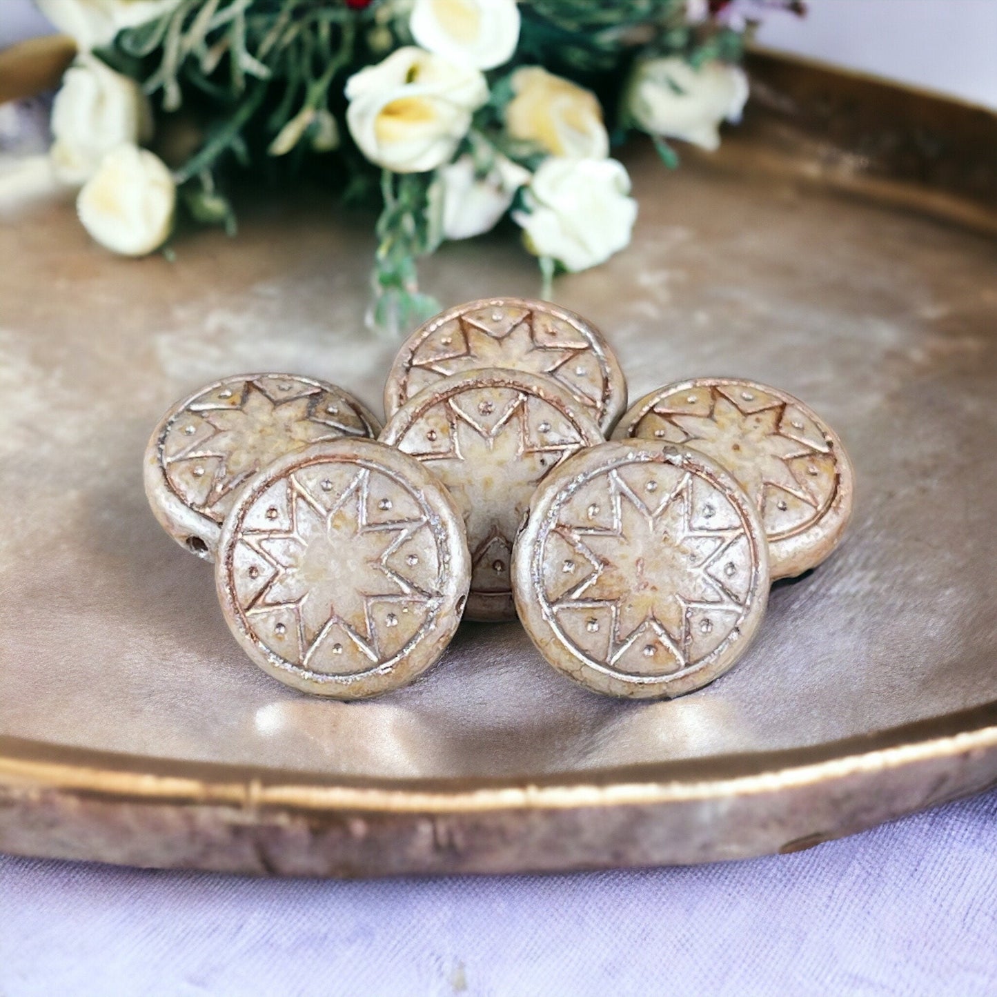 Czech Glass Beads - 14mm Star of Ishtar, Alabaster Beige with Platinum Wash (PSOI-9) * Qty. 6