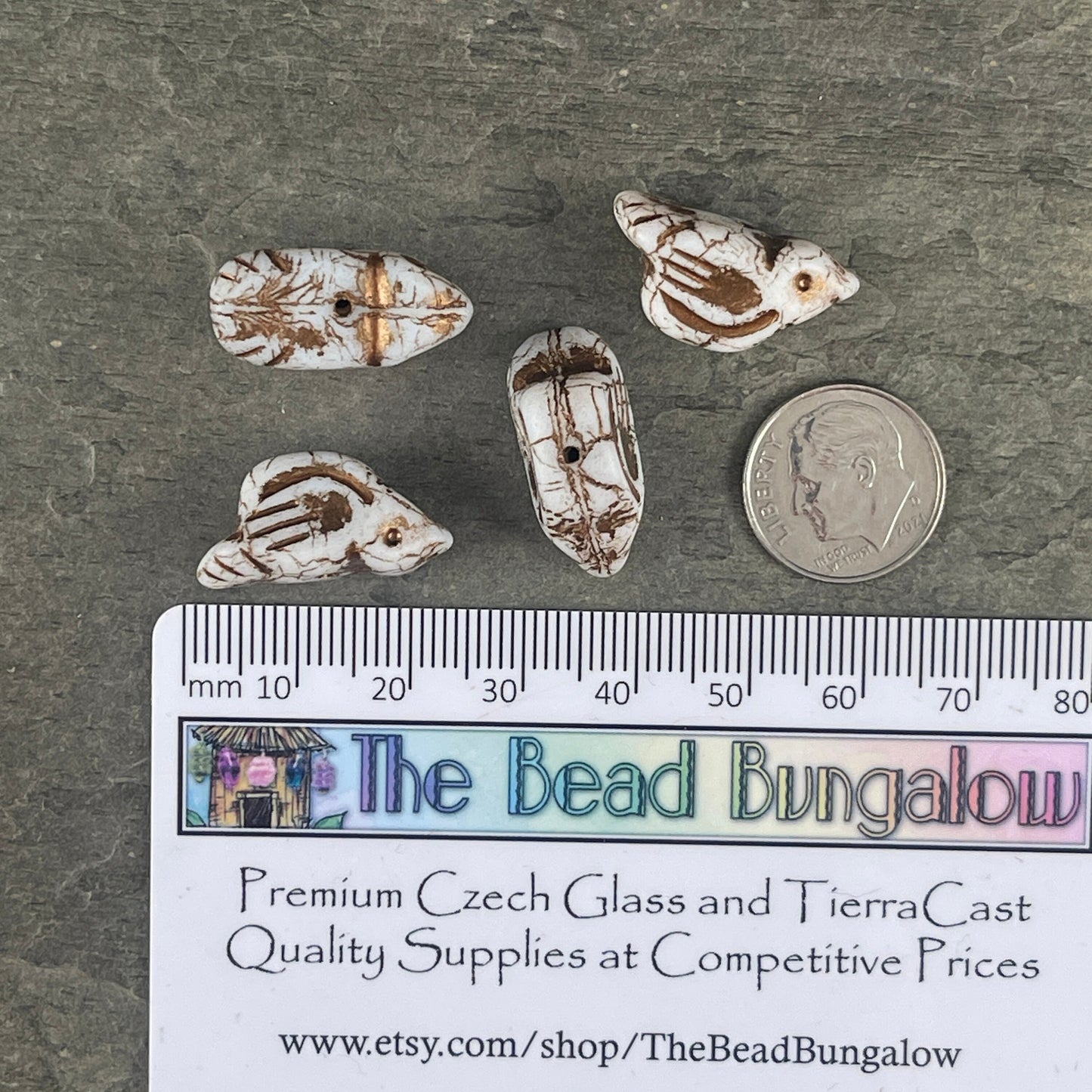 Czech Glass Beads - Matte White Bird with Bronze Wash, Nature Theme Bird Focal Beads, 11x22mm Rustic Chunky Bird Beads (N-0588) * Qty. 4