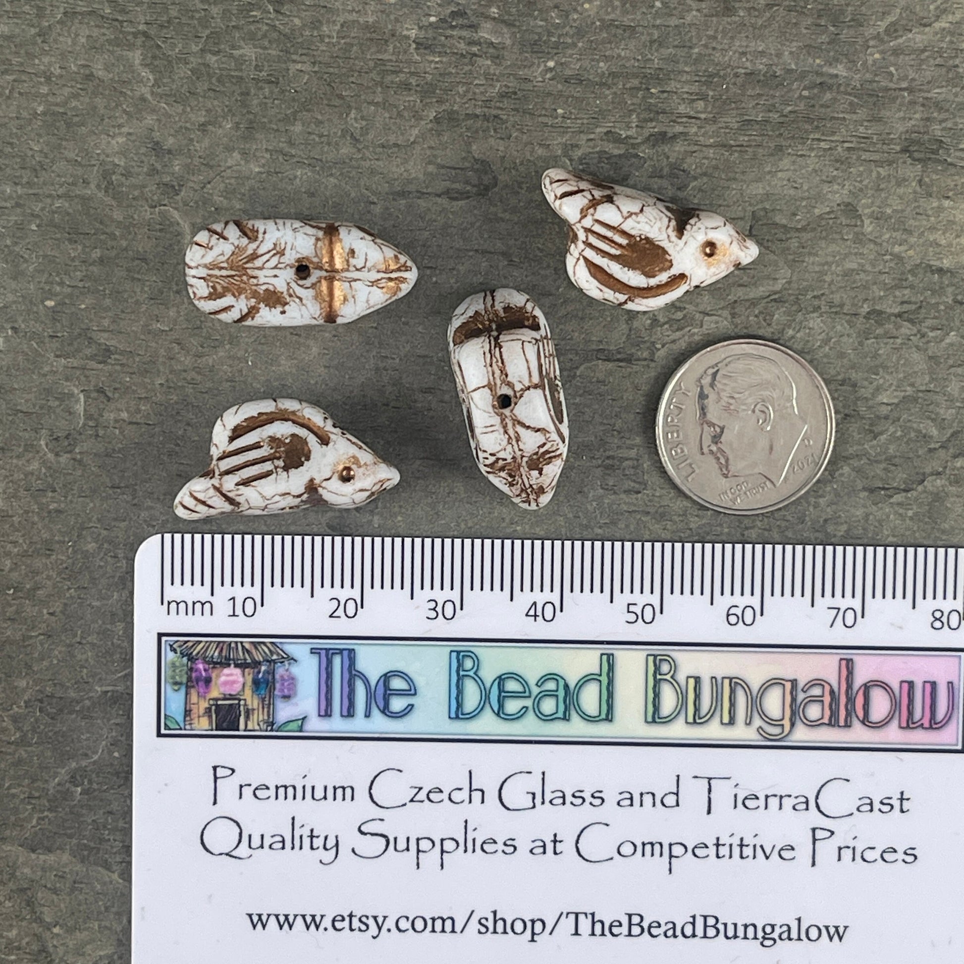 Czech Glass Beads - Matte White Bird with Bronze Wash, Nature Theme Bird Focal Beads, 11x22mm Rustic Chunky Bird Beads (N-0588) * Qty. 4