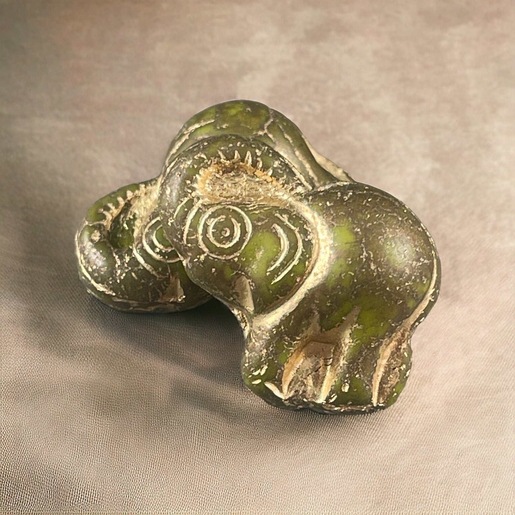 Czech Beads - 20x23mm Elephant Bead, Matte Olive Green with Gold Wash (Pack4) * Qty. 2