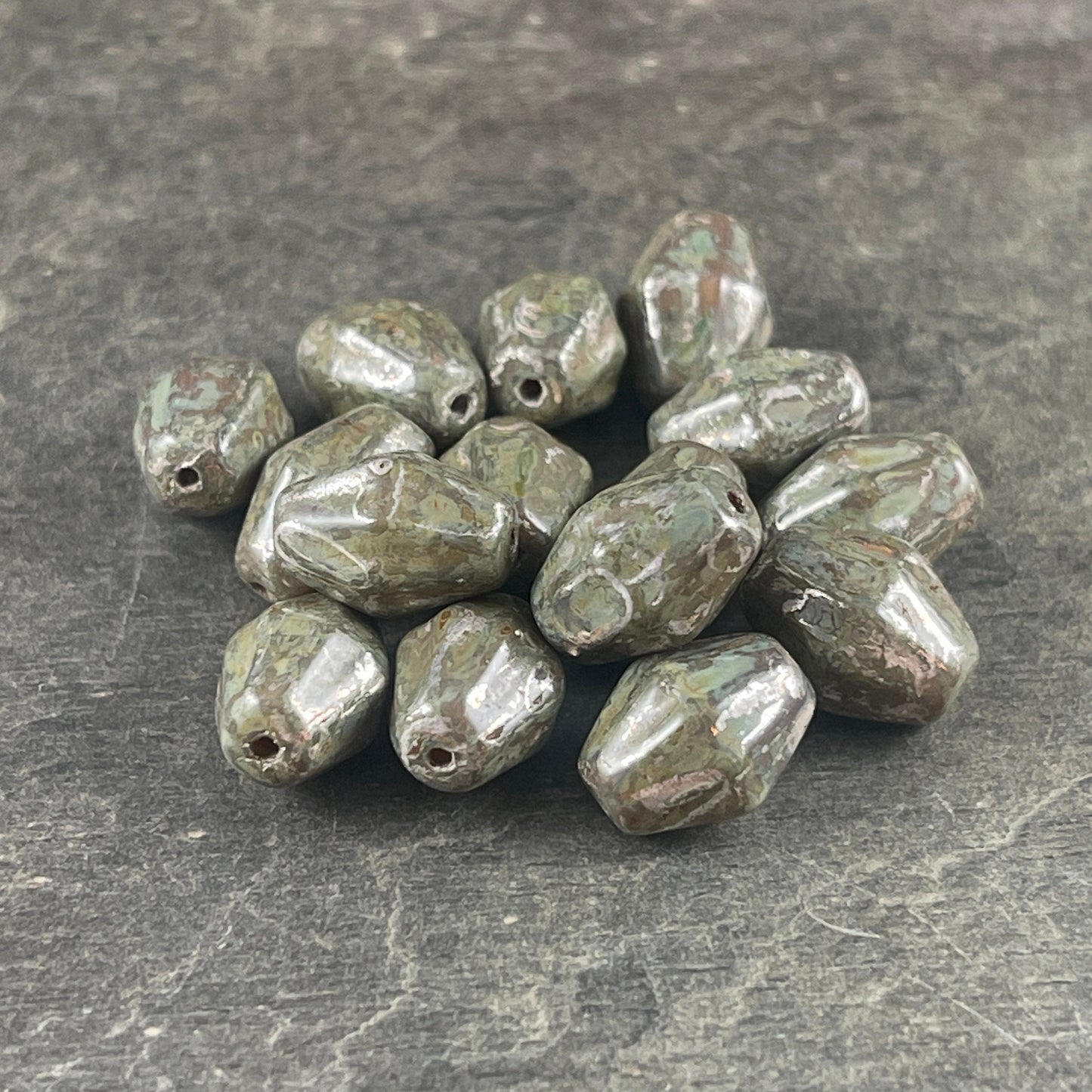 Czech Glass Beads - Olive Green Bicone, 10x8mm Bicone Beads, Picasso Beads, Olive Green with Rembrandt Finish (OCB/BIC12) * Qty. 10