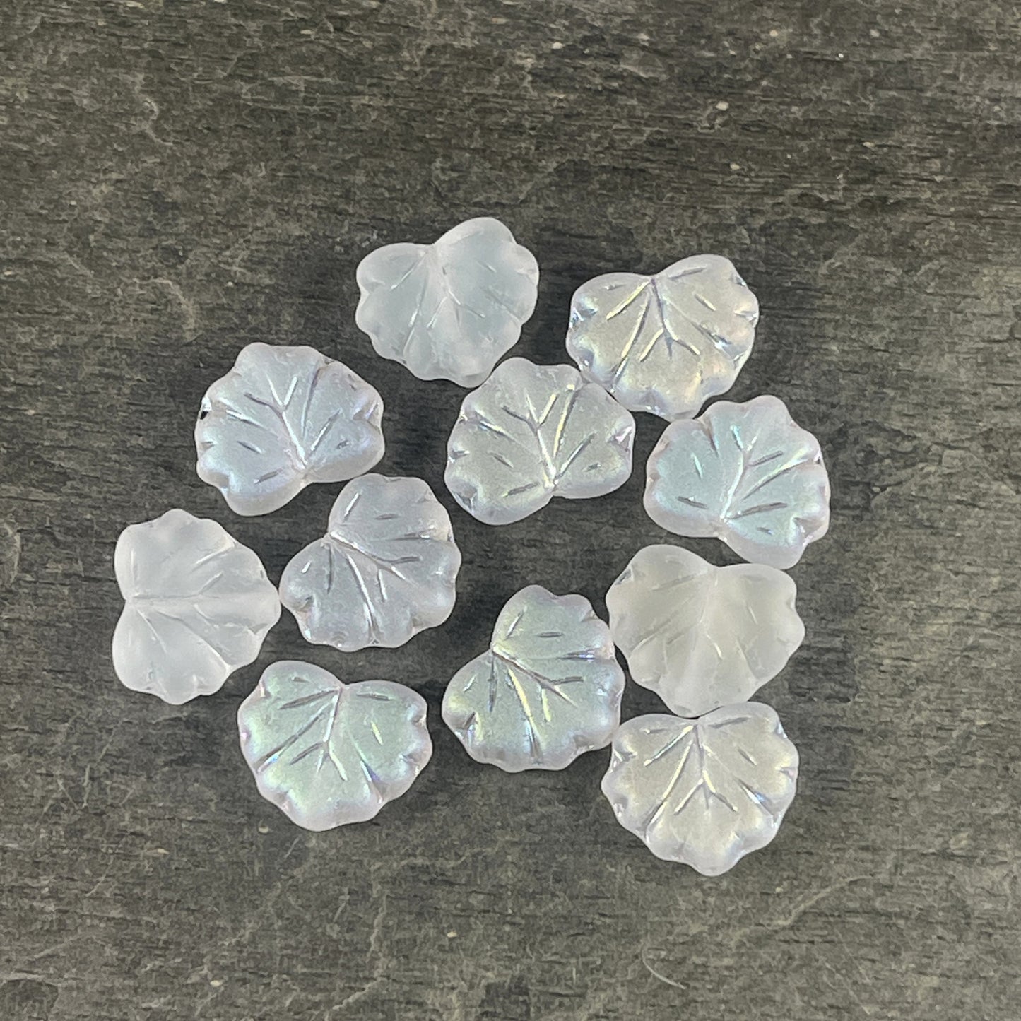 Czech Glass Leaf Beads - 10x13mm Frosty White Maple Leaf with AB Finish (ML45) * Qty. 10