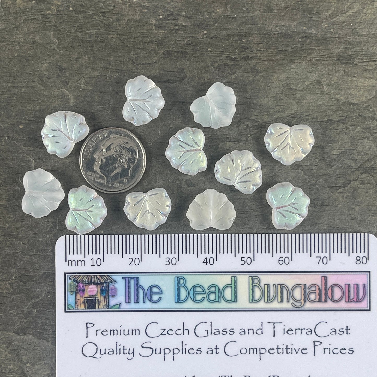 Czech Glass Leaf Beads - 10x13mm Frosty White Maple Leaf with AB Finish (ML45) * Qty. 10
