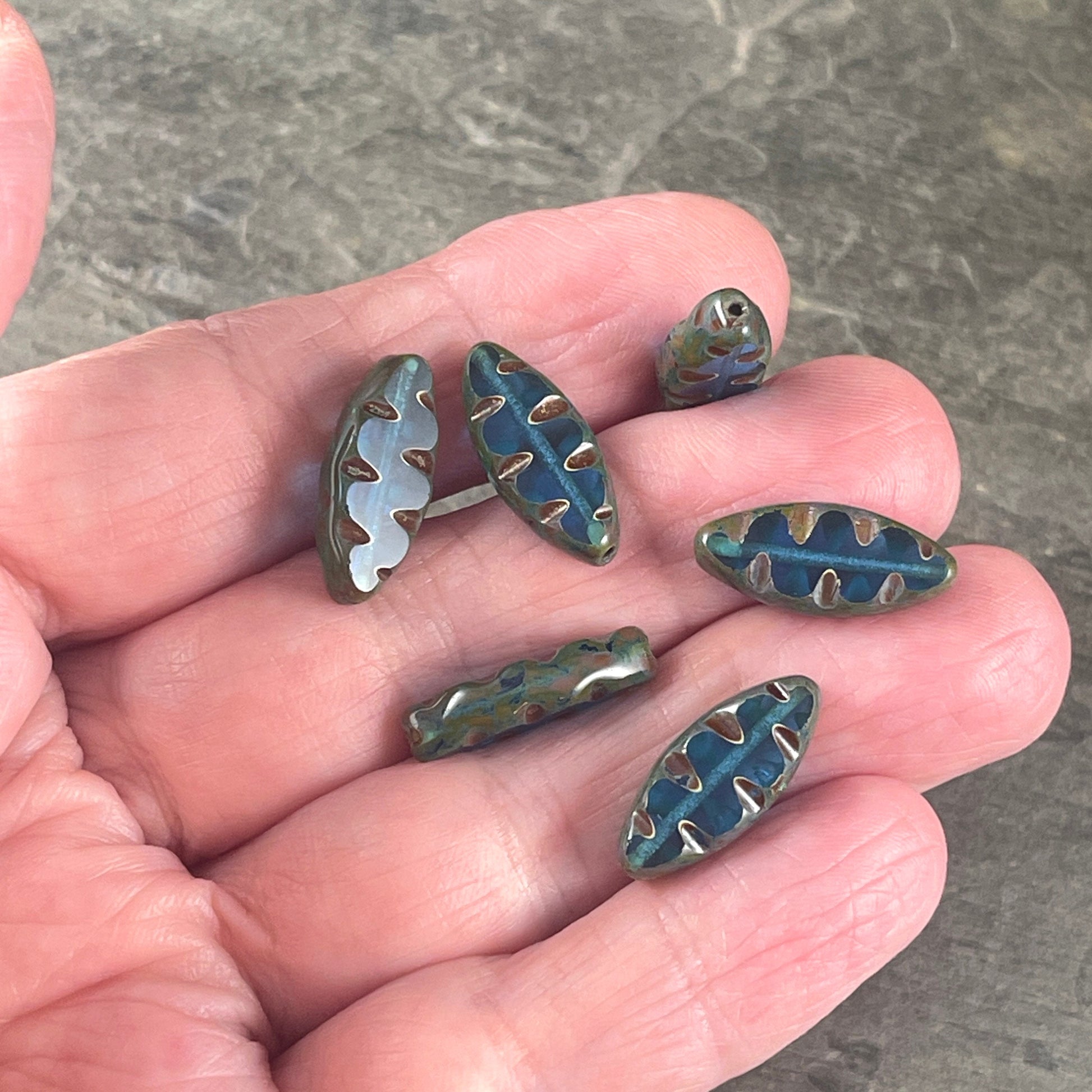 Capri Blue Oval Beads, Blue Textured Spindle Bead, Capri Blue Picasso Bead, 17x8mm Blue Czech Beads, Czech Glass Beads (TSpndl5) * Qty. 8